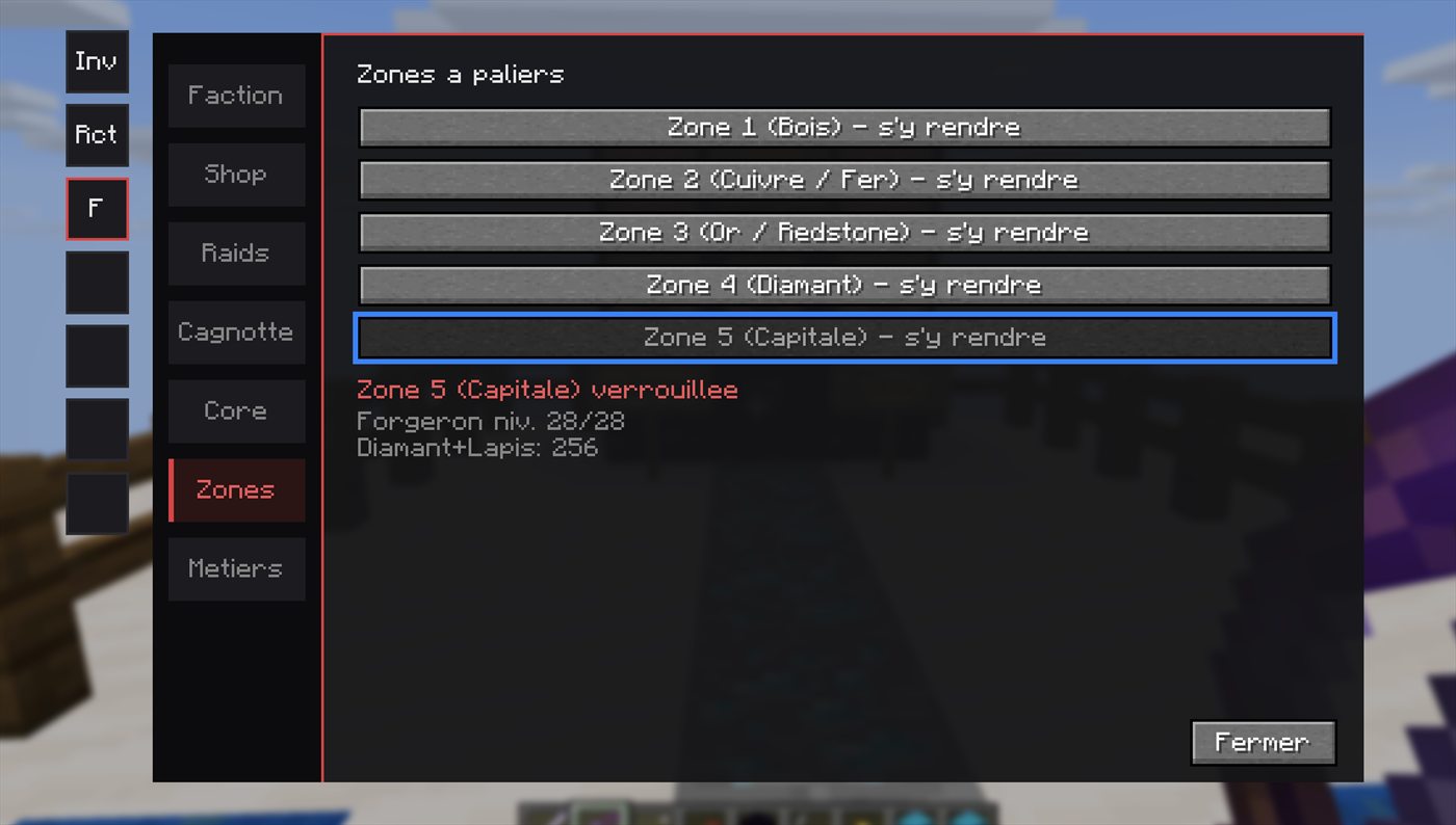 Menu Zones : conditions de déblocage affichées en direct