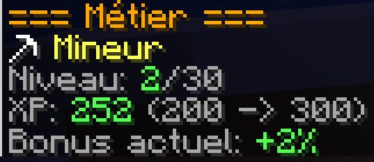 Capture de /job info du 14/08/2026 : Mineur, niveau 2/30, XP 252 (200 -> 300), bonus actuel +2 %