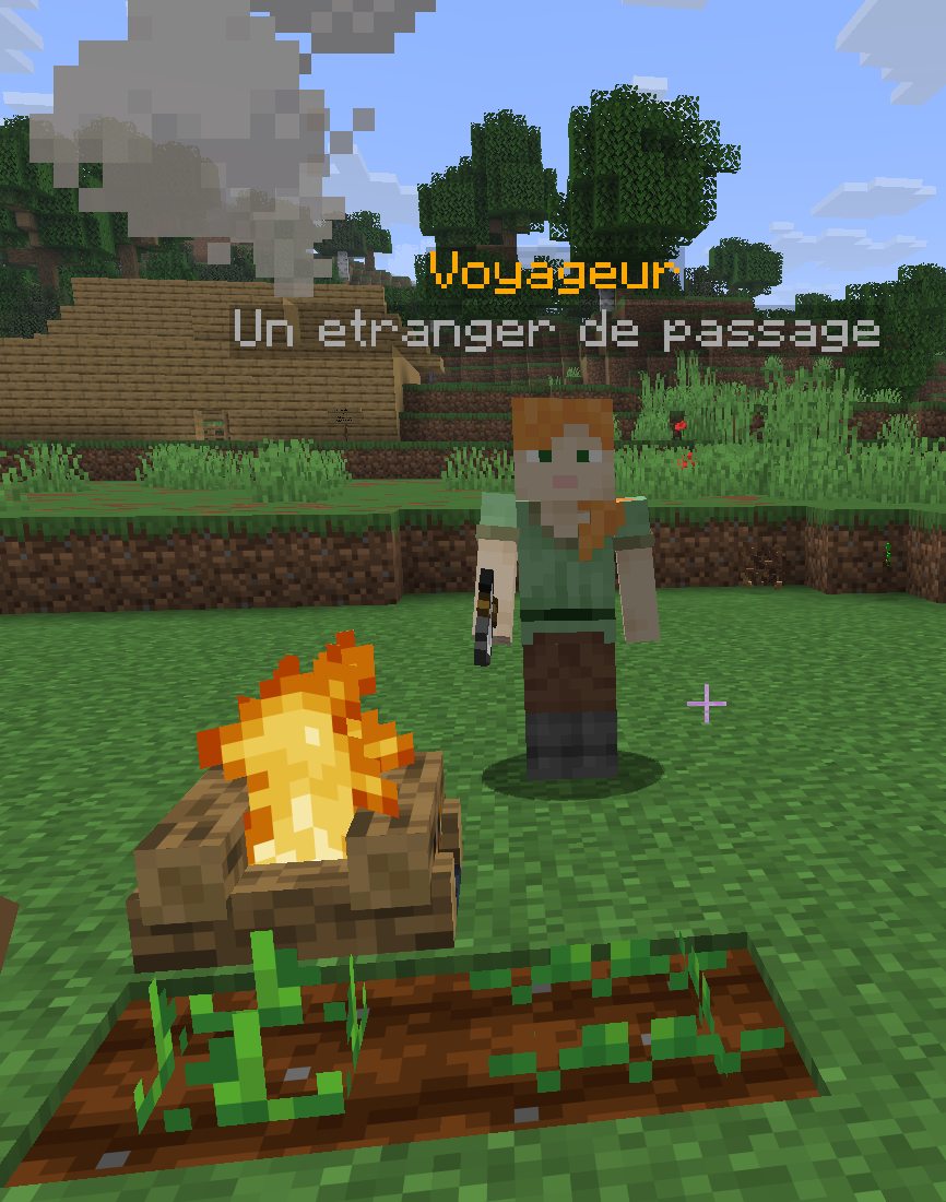 Le Voyageur en jeu (capture du 19/09/2026, 19:04), à côté d'un feu de camp et d'un petit champ